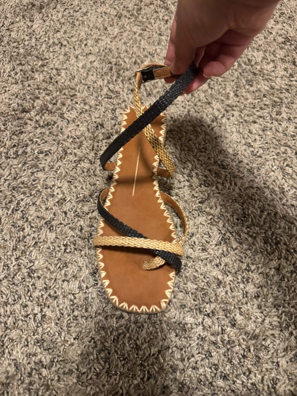 Woven Strappy Flat Sandals in Black and Tan